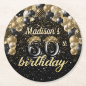 60パーソナライズされた誕生日ブラック金ゴールド ラウンドペーパーコースター (正面)