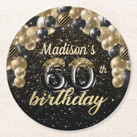 60パーソナライズされた誕生日ブラック金ゴールド ラウンドペーパーコースター (正面)