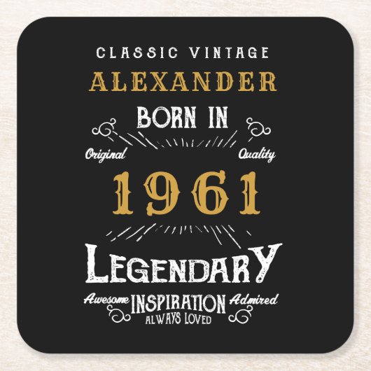 60パーソナライズされた誕生日1961生まれヴィンテージ黒 スクエアペーパーコースター (正面)