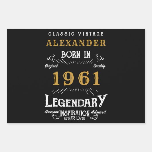 60パーソナライズされた誕生日1961生まれヴィンテージ黒 ラッピングペーパーシート (正面2)