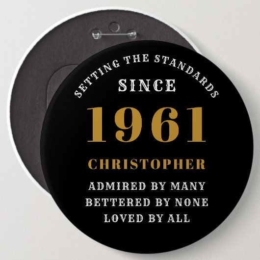 60パーソナライズされた誕生日1961黒エレガント金ゴールド 缶バッジ (正面&裏面)