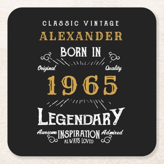 60パーソナライズされた誕生日1965生まれヴィンテージ黒 スクエアペーパーコースター (正面)
