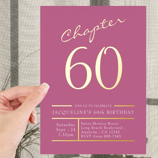 60ピンク60th誕生日パーティー金ゴールド 箔招待状