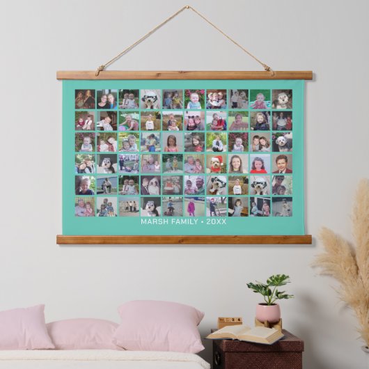 60フォトコラージモンタージュと文字 – カラー編集可能 吊り下げ型タペストリー (寝室)