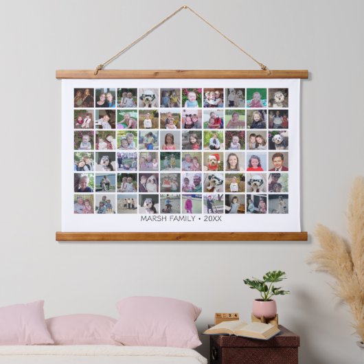 60フォトコラージモンタージュと文字 – ホワイト編集可能 吊り下げ型タペストリー (寝室)