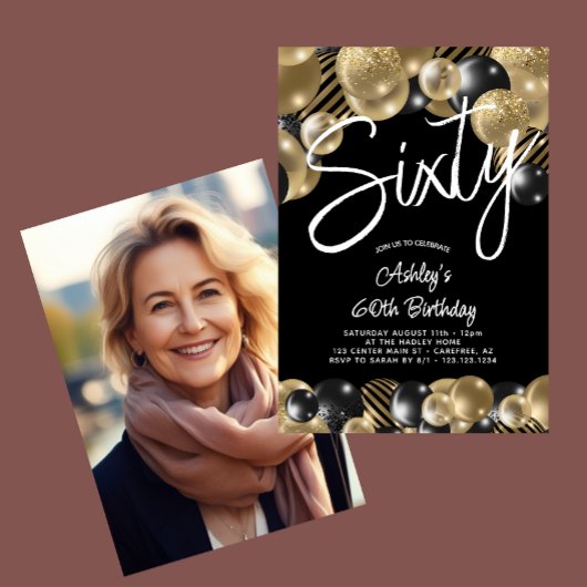 60ブラック金ゴールド60thフォト誕生日 招待状