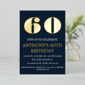 60モダン誕生日ネイビーブルーゴールドフォイルQRコード 箔招待状 (立ち正面)