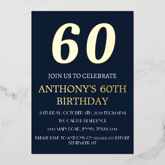 60モダン誕生日ネイビーブルーゴールドフォイルQRコード 箔招待状 (正面)