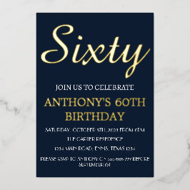 60モダン誕生日ネイビーブルーゴールドフォイルQRコード 箔招待状
