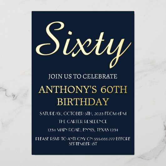 60モダン誕生日ネイビーブルーゴールドフォイルQRコード 箔招待状 (正面)
