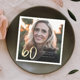 60モダン誕生日フォトブラック&金ゴールドスクリプト スタンダードカクテルナプキン