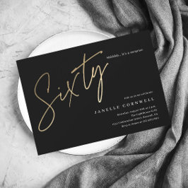 60モダン誕生日ブラックエレガントと金ゴールドスクリプト インビテーションポストカード