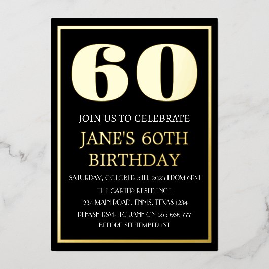 60モダン誕生日ブラックゴールドフォイルQRコード 箔招待状 (正面)