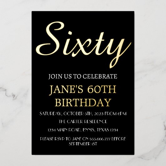 60モダン誕生日ブラックゴールドフォイルQRコード 箔招待状 (正面)