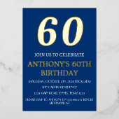 60モダン誕生日ブルーゴールドフォイルQRコード 箔招待状 (正面)