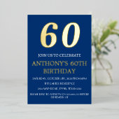 60モダン誕生日ブルーゴールドフォイルQRコード 箔招待状 (立ち正面)