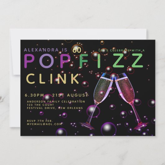 60モダン誕生日ポップ・アートの- FIZZ CLINKシャンパン 招待状 (正面)