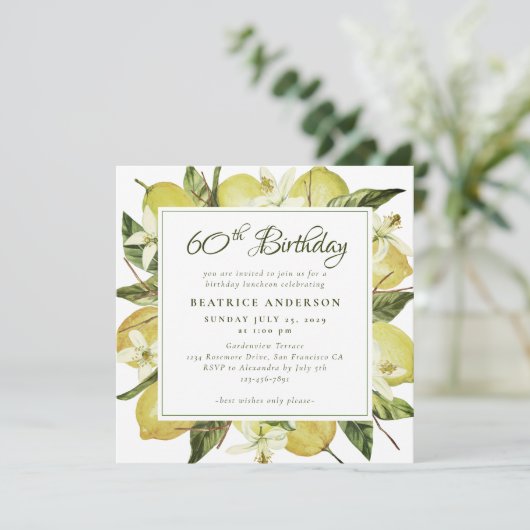 60モダンth誕生日ウォーターカラーレモン植物学 招待状 (スタンド正面)
