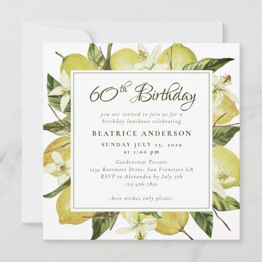 60モダンth誕生日ウォーターカラーレモン植物学 招待状 (正面)
