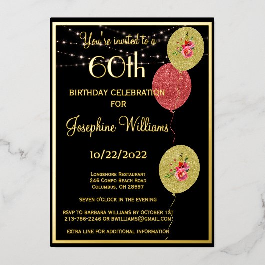 60六エレガント十誕生日黒実在金ゴールド 箔招待状 (正面)