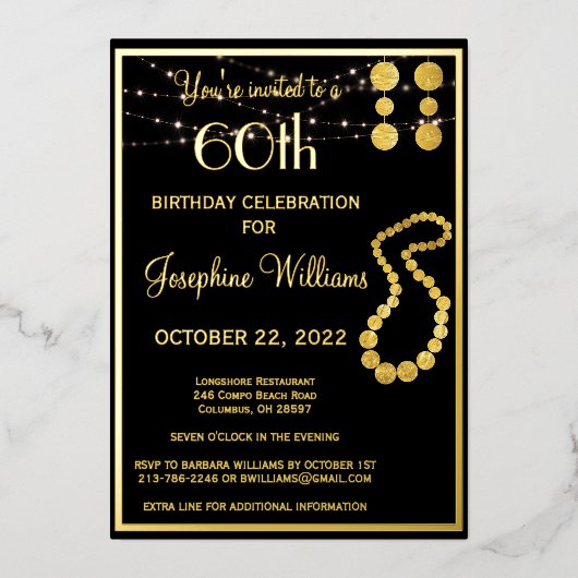 60六エレガント十誕生日黒実在金ゴールド 箔招待状 (正面)
