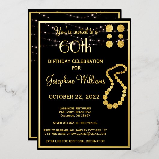 60六エレガント十誕生日黒実在金ゴールド 箔招待状 (正面/裏面)