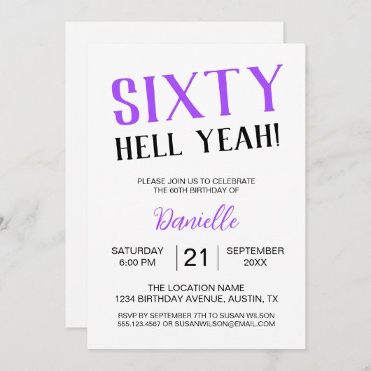 60分だ！紫はっきりした60誕生日 招待状 (正面/裏面)
