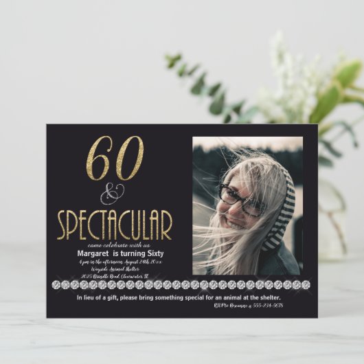 60及び豪華な金ゴールドの銀のダイヤモンドの写真 招待状 (スタンド正面)