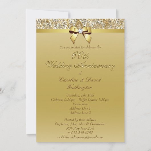 60周年ダイヤモンドウェディングアニバーサリーの偽のスパンコールリボン 招待状 (裏面)