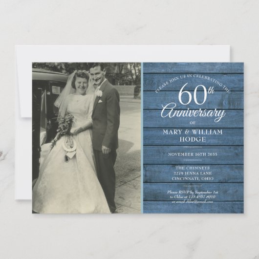60周年ダイヤモンドウェディングアニバーサリー フォト ブルー ラスティック 招待状 (正面)