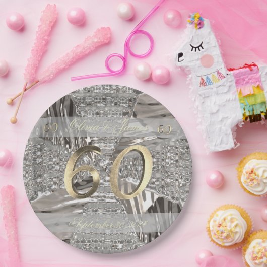 60周年ダイヤモンド結婚のエレガント金ゴールド ペーパープレート (パーティー)