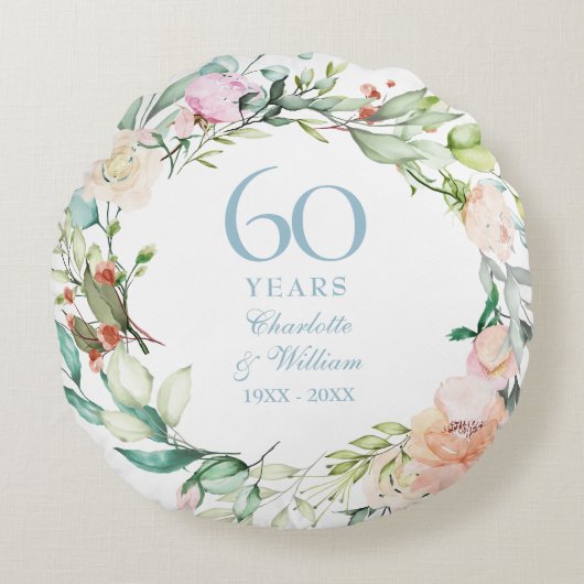 60周年ダイヤモンド結婚記念写真入りフラワー ラウンドクッション (正面)