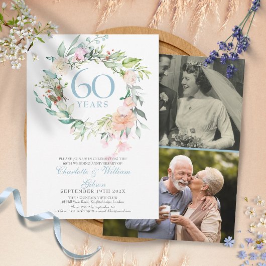 60周年ダイヤモンド結婚記念日の花2枚の写真 招待状