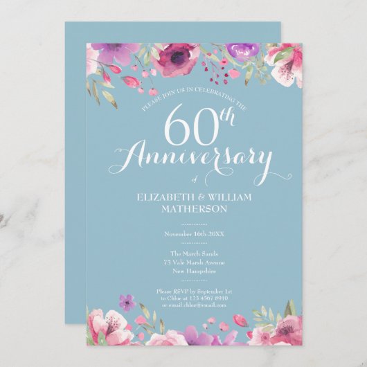 60周年ダイヤモンド結婚記念日カントリーフラワーデザイン 招待状 (正面/裏面)