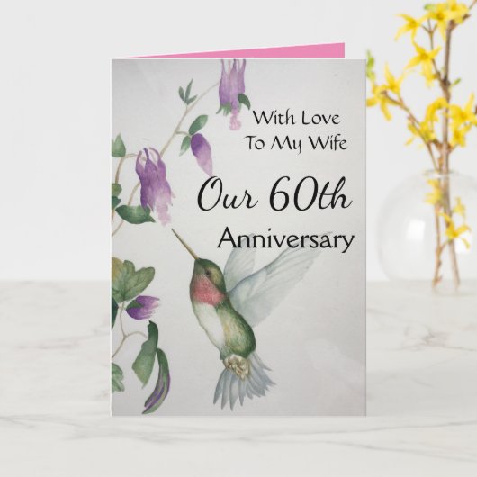 60周年私の妻ハミングバかわいらしード カード (黄色い花)