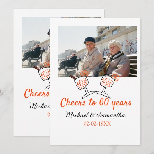 60周年結婚記念日のオレンジ色の乾杯 招待状 (正面/裏面)