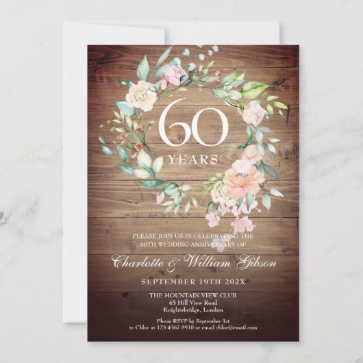 60周年結婚記念日のバラの飾り付き木製カード 招待状 (正面)