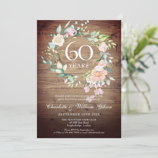 60周年結婚記念日のバラの飾り付き木製カード 招待状 (スタンド正面)