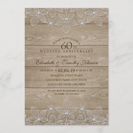 60周年結婚記念日のラスティックウッド ヴィンテージ ラッセル 招待状 (正面)