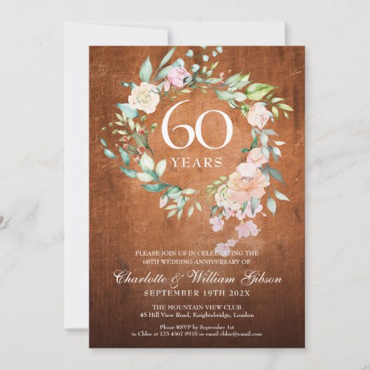 60周年結婚記念日の素朴な木製ローズガーランド 招待状 (正面)