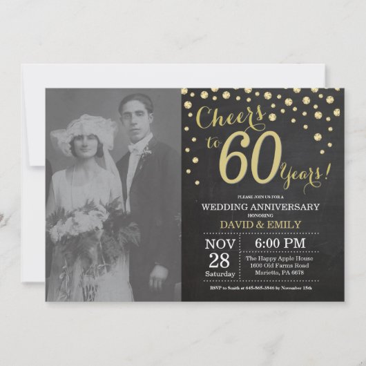60周年結婚記念日 黒板 ブラック ゴールド 招待状 (正面)