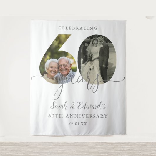 60周年結婚記念日 2枚の写真の背景 タペストリー (正面)