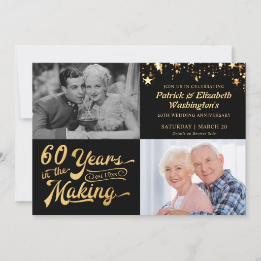 60周年記念の過去と現在写真 黒と金 招待状 (正面)