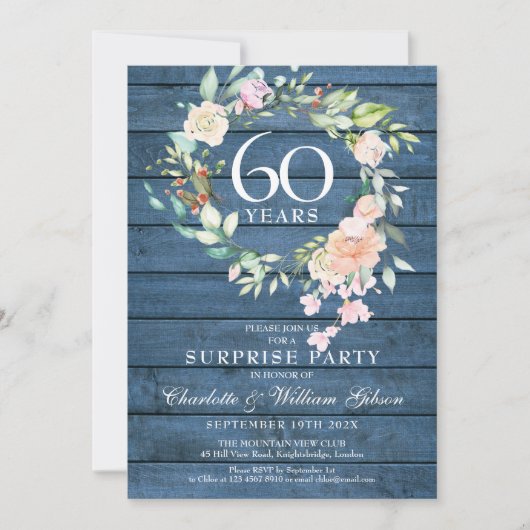 60周年記念パーティーフローラブルー素朴 招待状 (正面)