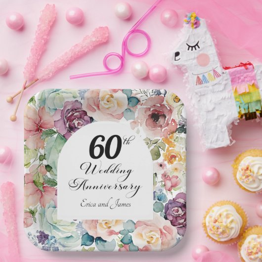 60周年記念結婚のスクリプエレガントトフローラ ペーパープレート (パーティー)