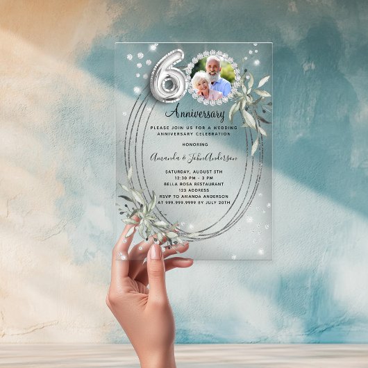 60周年記念結婚シルバー写真ダイヤモンド アクリル招待状