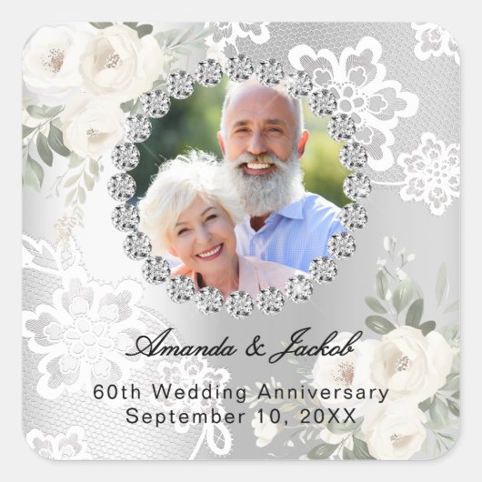 60周年記念結婚シルバー写真花模様レース スクエアシール (正面)