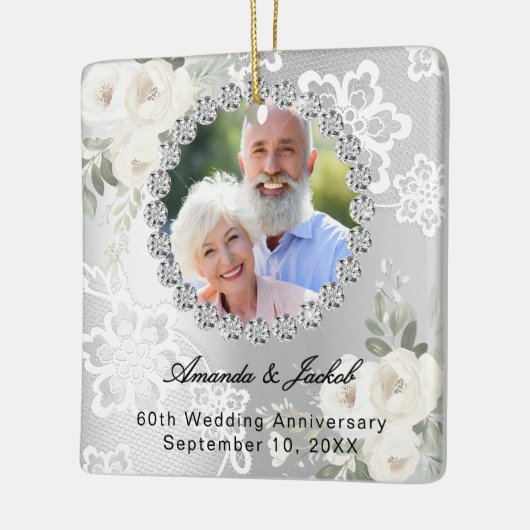 60周年記念結婚シルバー写真花模様レース セラミックオーナメント (左)
