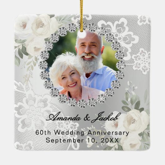 60周年記念結婚シルバー写真花模様レース セラミックオーナメント (裏面)