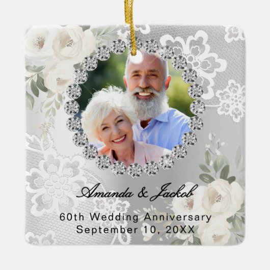 60周年記念結婚シルバー写真花模様レース セラミックオーナメント (正面)